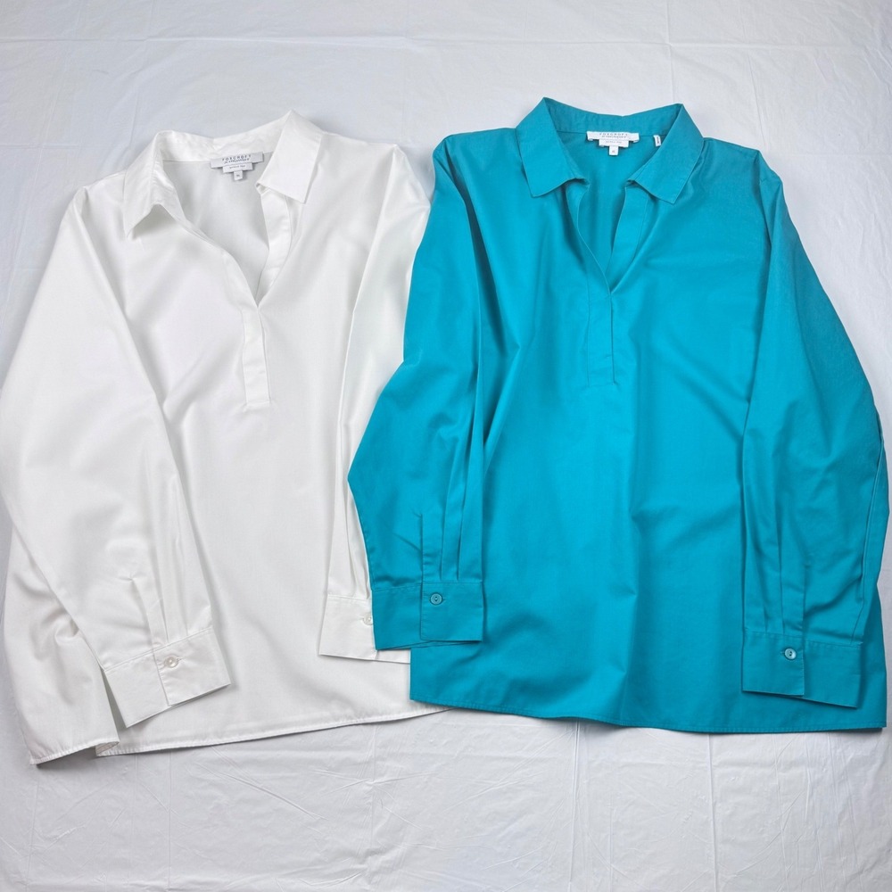 Foxcroft for Appleseed's 2pk Wrinkle Free Tunic Shirts XL White Teal Blue V-Neck